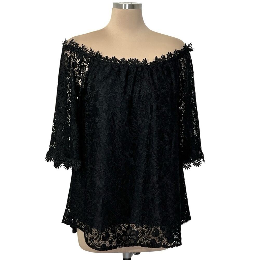 Miholl Off Shoulder Top XL Black Crochet Openwork Lace Boho Chic Romantic